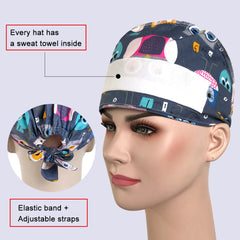 100% Cotton Teeth Cute Cartoon Print Medical Uniform Nursing Hats Beautician Scrub Caps with Button Nurse Cap Accessories Women