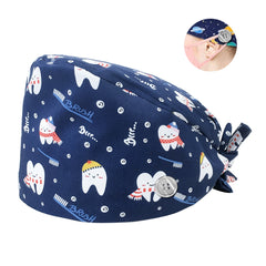 100% Cotton Teeth Cute Cartoon Print Medical Uniform Nursing Hats Beautician Scrub Caps with Button Nurse Cap Accessories Women