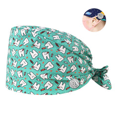 100% Cotton Teeth Cute Cartoon Print Medical Uniform Nursing Hats Beautician Scrub Caps with Button Nurse Cap Accessories Women