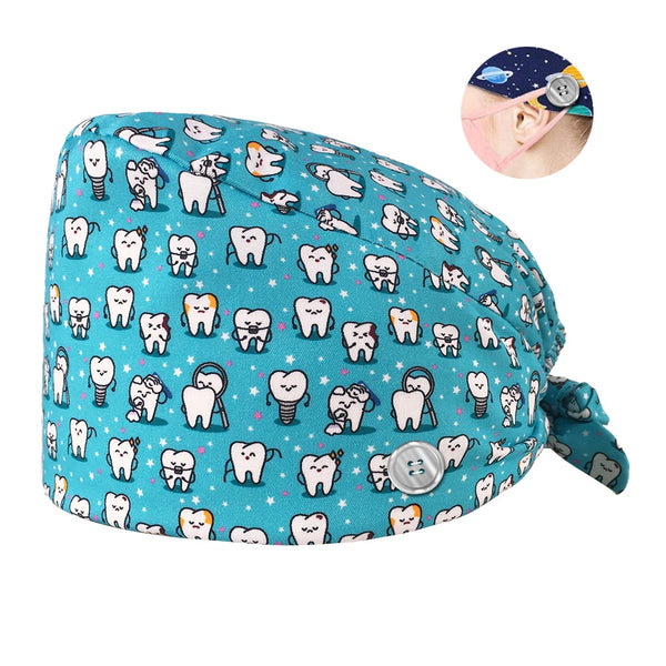 100% Cotton Teeth Cute Cartoon Print Medical Uniform Nursing Hats Beautician Scrub Caps with Button Nurse Cap Accessories Women